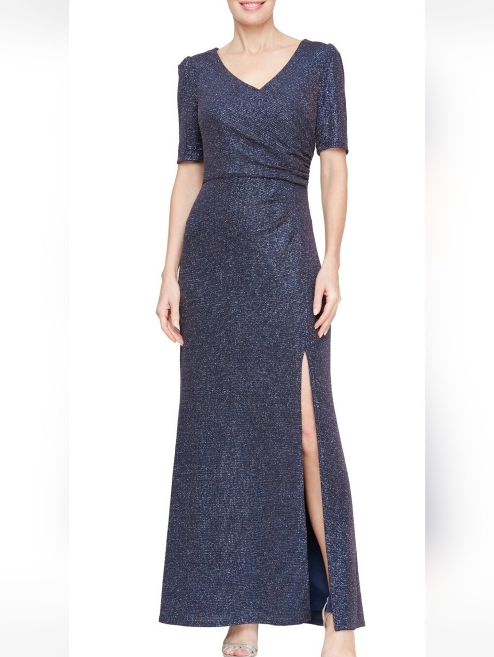Alex Evenings Woman's Metallic Elbow-Sleeve Gown Navy Gold